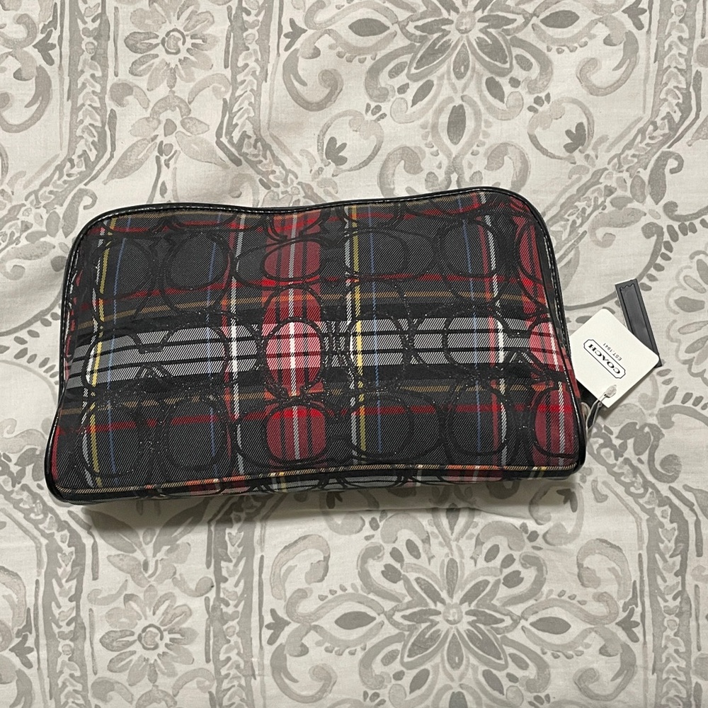 Coach Poppy Signature Tartan Plaid Red Black Large Cosmetic Bag NWT